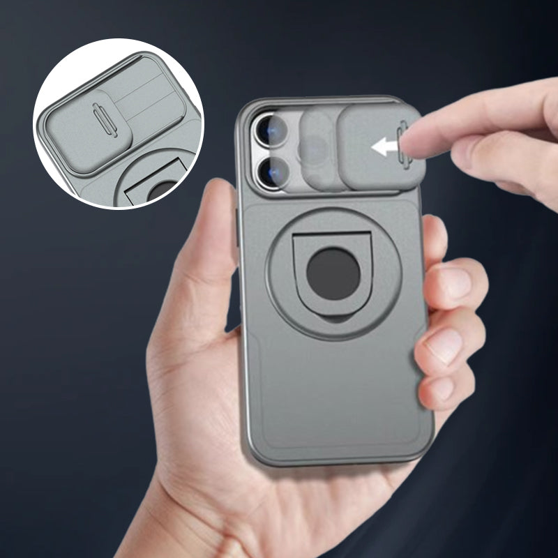 Shockproof Phone Case with Built-In Stand and Sliding Camera Cover | Magnetic Back for Car Mounts | iPhone 11 to 15 Pro Max