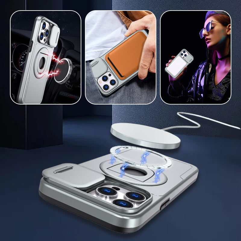 Shockproof Phone Case with Built-In Stand and Sliding Camera Cover | Magnetic Back for Car Mounts | iPhone 11 to 15 Pro Max