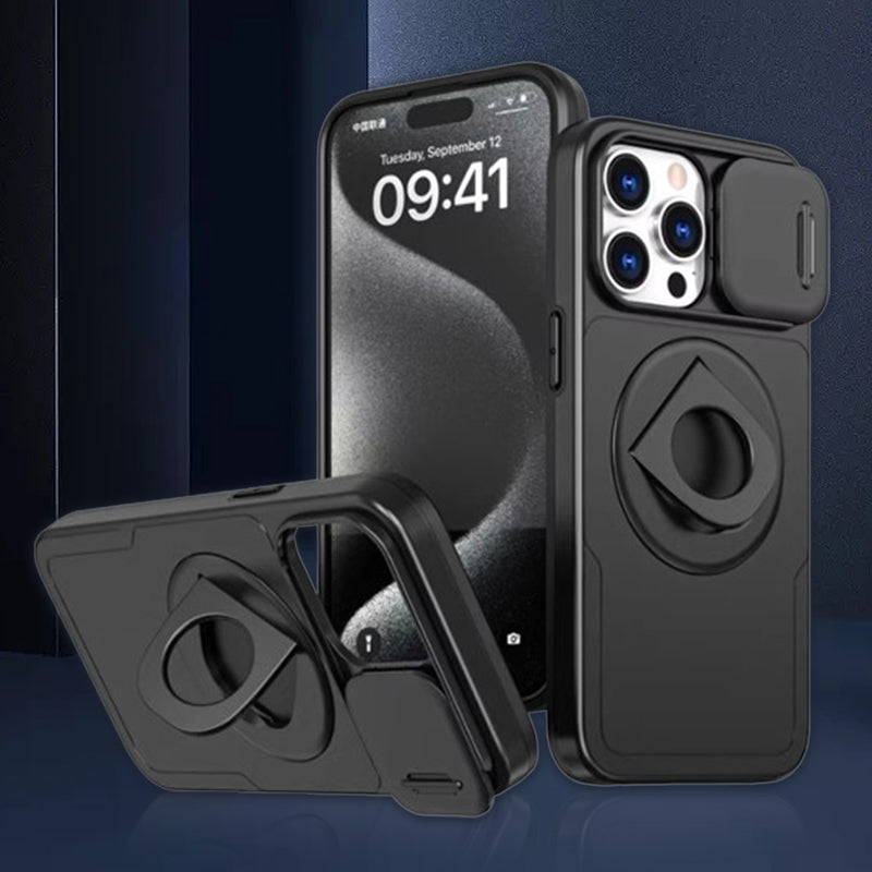 Shockproof Phone Case with Built-In Stand and Sliding Camera Cover | Magnetic Back for Car Mounts | iPhone 11 to 15 Pro Max