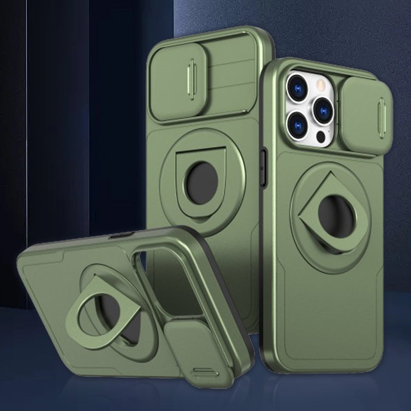 Shockproof Phone Case with Built-In Stand and Sliding Camera Cover | Magnetic Back for Car Mounts | iPhone 11 to 15 Pro Max