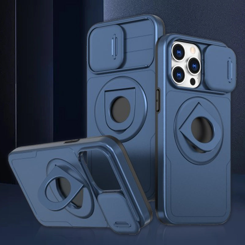 Shockproof Phone Case with Built-In Stand and Sliding Camera Cover | Magnetic Back for Car Mounts | iPhone 11 to 15 Pro Max