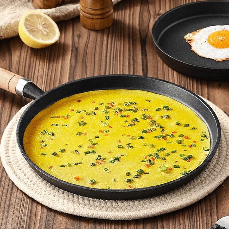 Cast Iron Skillet with a Wooden Handle | Flat Pan for Crepes, Pancakes and Fried Eggs | 8 or 10 Inch Sizes