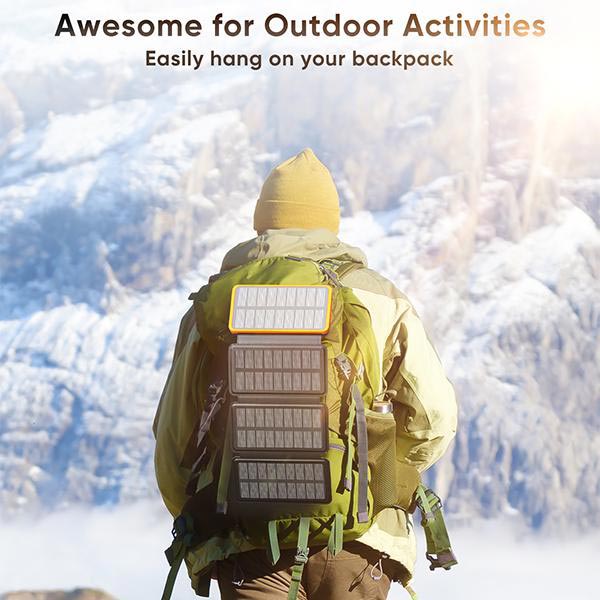 Solar Portable Charger with 4 Panels and 3 USB Outputs | Built-In Flashlight | 8000 or 25000 mAh Battery