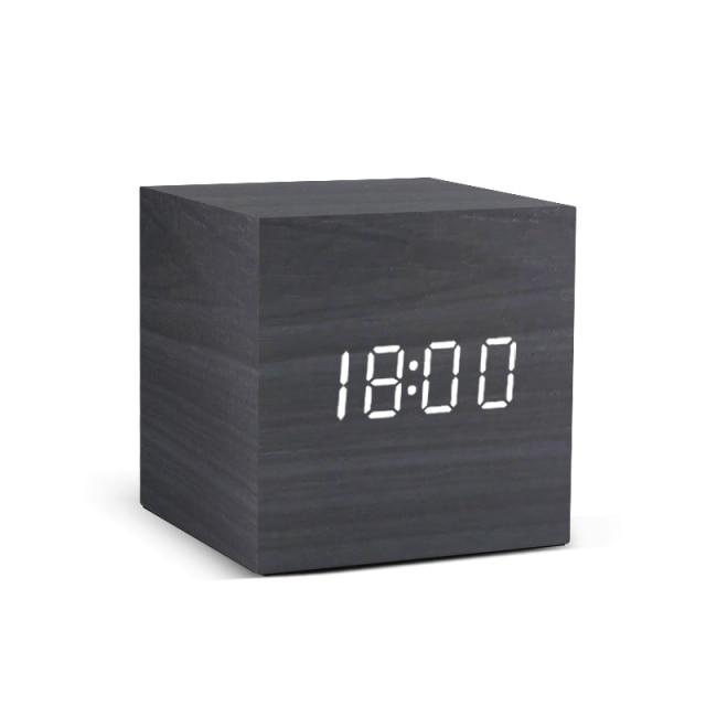 Wood Cube Alarm Clock with an LED Display, Temperature and Humidity | Three Wake Times, Sound or Touch Activated | Ten Styles