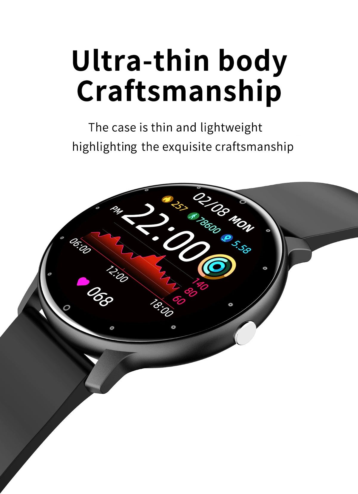 Ultra-Thin Smart Watch with a Full Touchscreen | Heart Rate, Steps and Sleep Tracking, IP67 Rated | 3 Colors