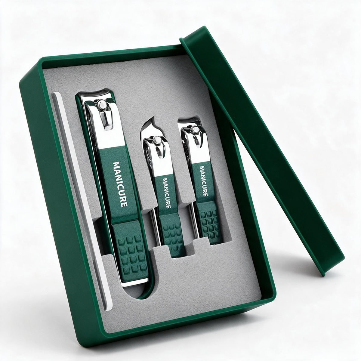Stainless Steel Nail Clippers, Four Piece Set | Three Sizes at 88, 60 and 56 mm Plus a File | Anti-Splash Catch, Non-Slip Grip