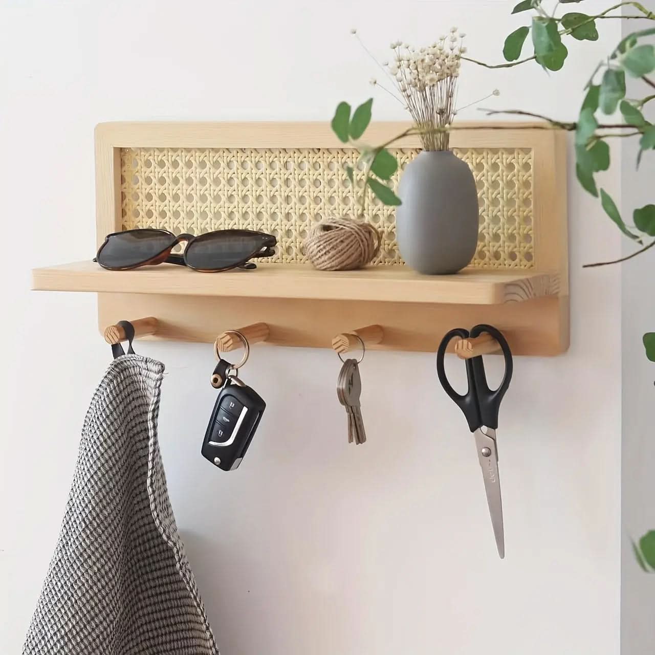 Wooden Wall Shelf with Hooks