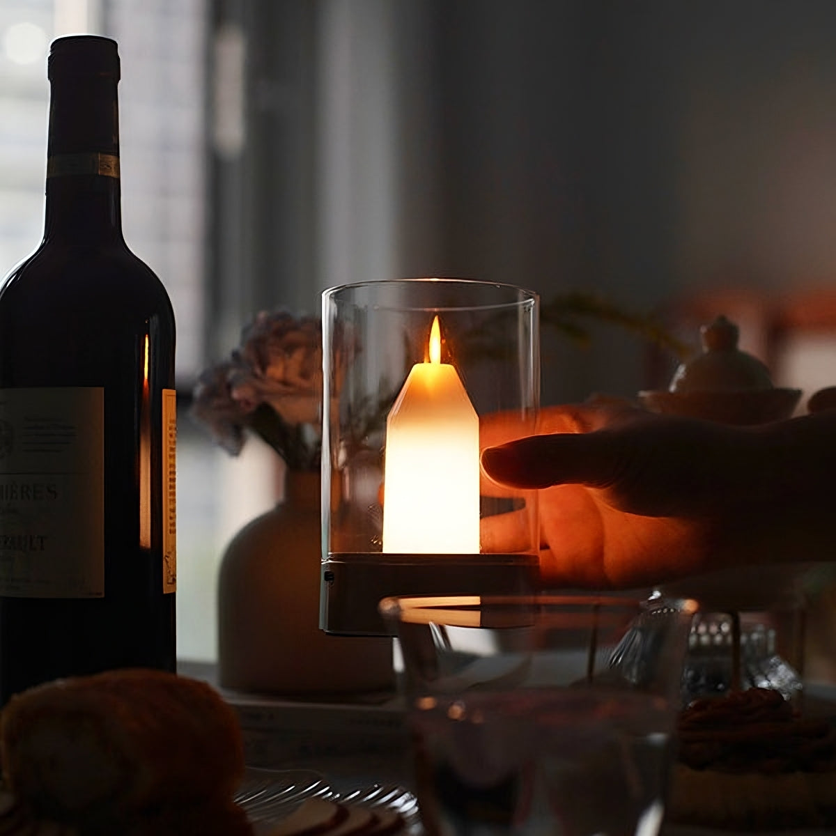 Cordless Lamp with Flameless LED Candle in Glass | Wave Your Hand to Switch On and Dim | Warm White