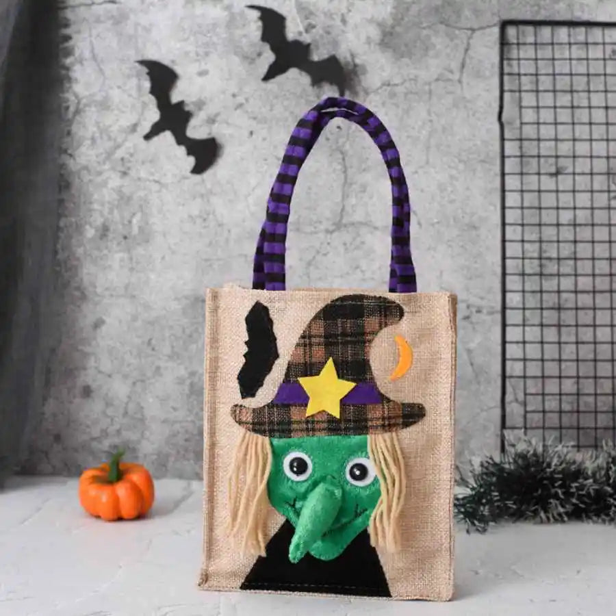 Cotton linen Halloween treat bag with witch applique