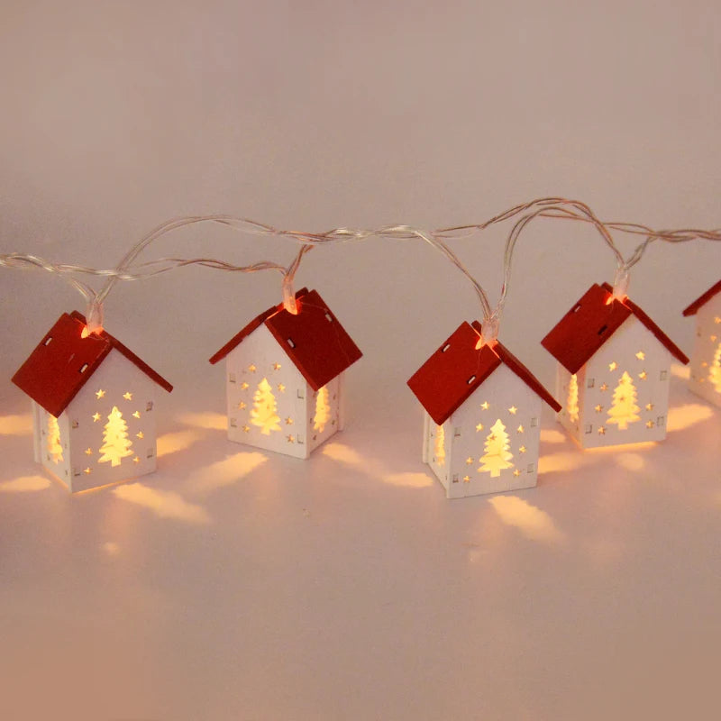 Wooden Christmas Village Houses with LED Lights | Hanging Tree Ornaments in Red or White | Rustic Festive Indoor Decor