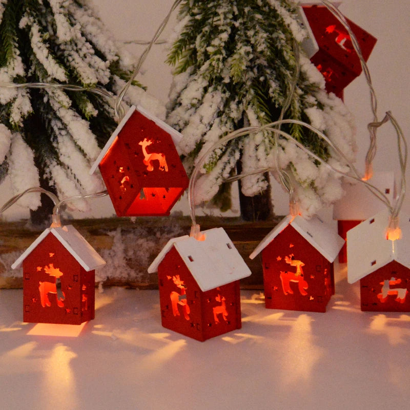 Wooden Christmas Village Houses with LED Lights | Hanging Tree Ornaments in Red or White | Rustic Festive Indoor Decor