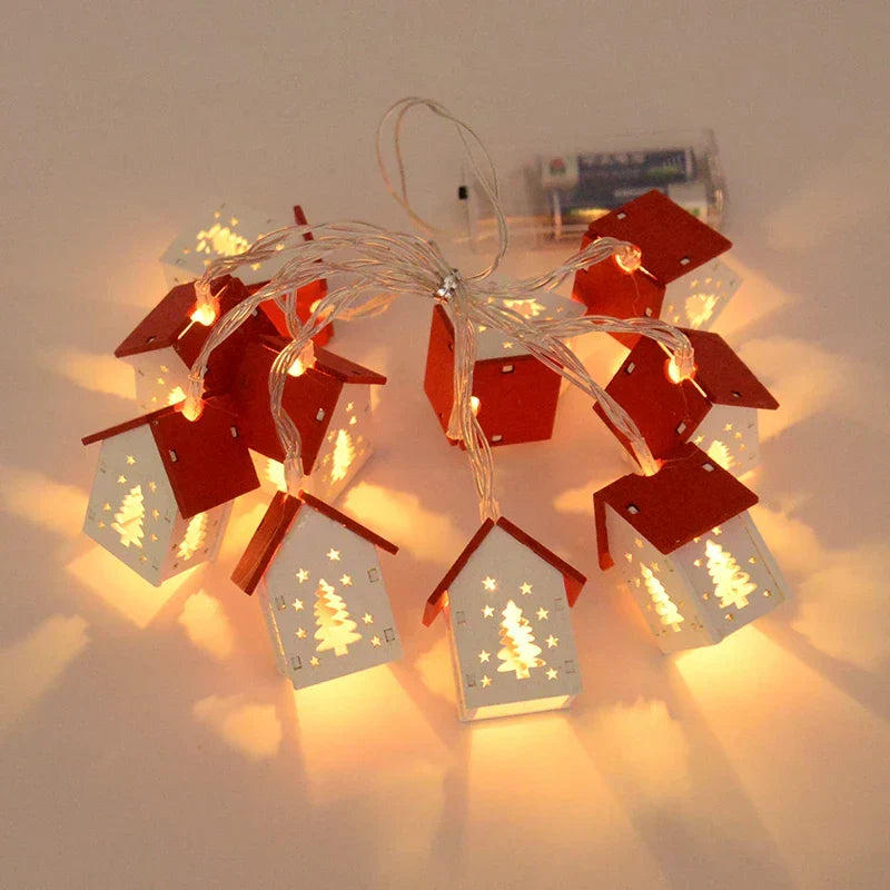 Wooden Christmas Village Houses with LED Lights | Hanging Tree Ornaments in Red or White | Rustic Festive Indoor Decor