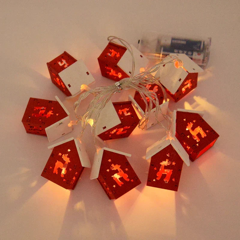 Wooden Christmas Village Houses with LED Lights | Hanging Tree Ornaments in Red or White | Rustic Festive Indoor Decor