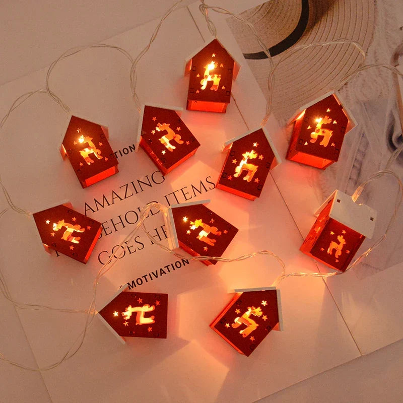 Wooden Christmas Village Houses with LED Lights | Hanging Tree Ornaments in Red or White | Rustic Festive Indoor Decor