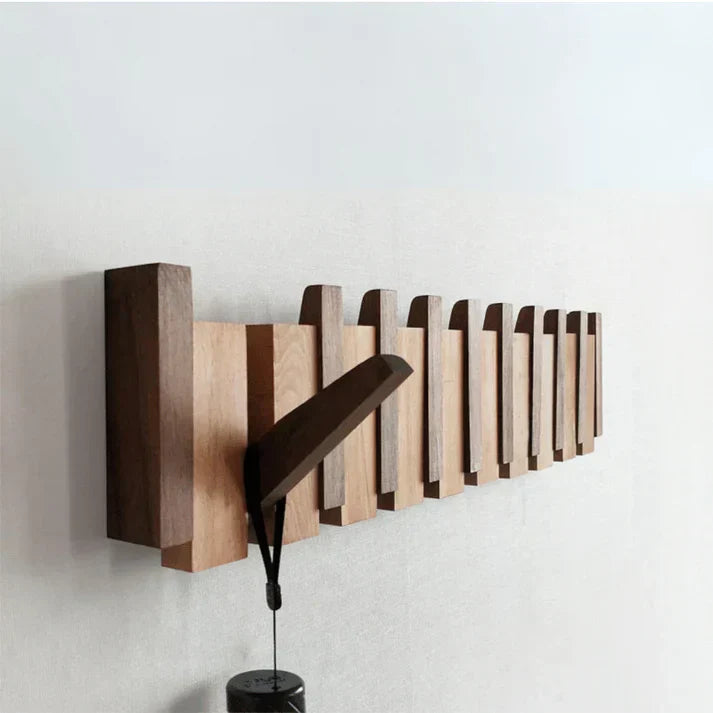 Wooden Wall-Mounted Coat Rack with Foldable Hooks – Piano Key Design Storage Rack