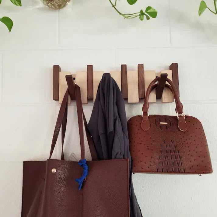 Wooden Wall-Mounted Coat Rack with Foldable Hooks – Piano Key Design Storage Rack