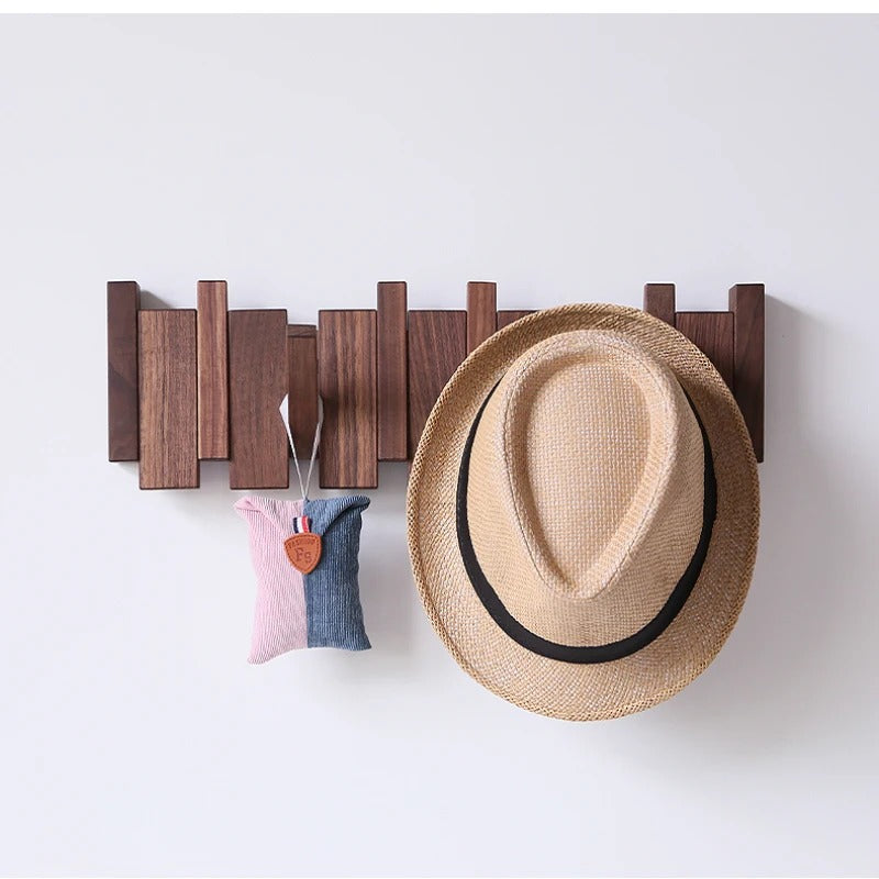 Wooden Wall-Mounted Coat Rack with Foldable Hooks – Piano Key Design Storage Rack