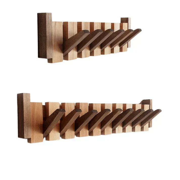 Wooden Wall-Mounted Coat Rack with Foldable Hooks – Piano Key Design Storage Rack